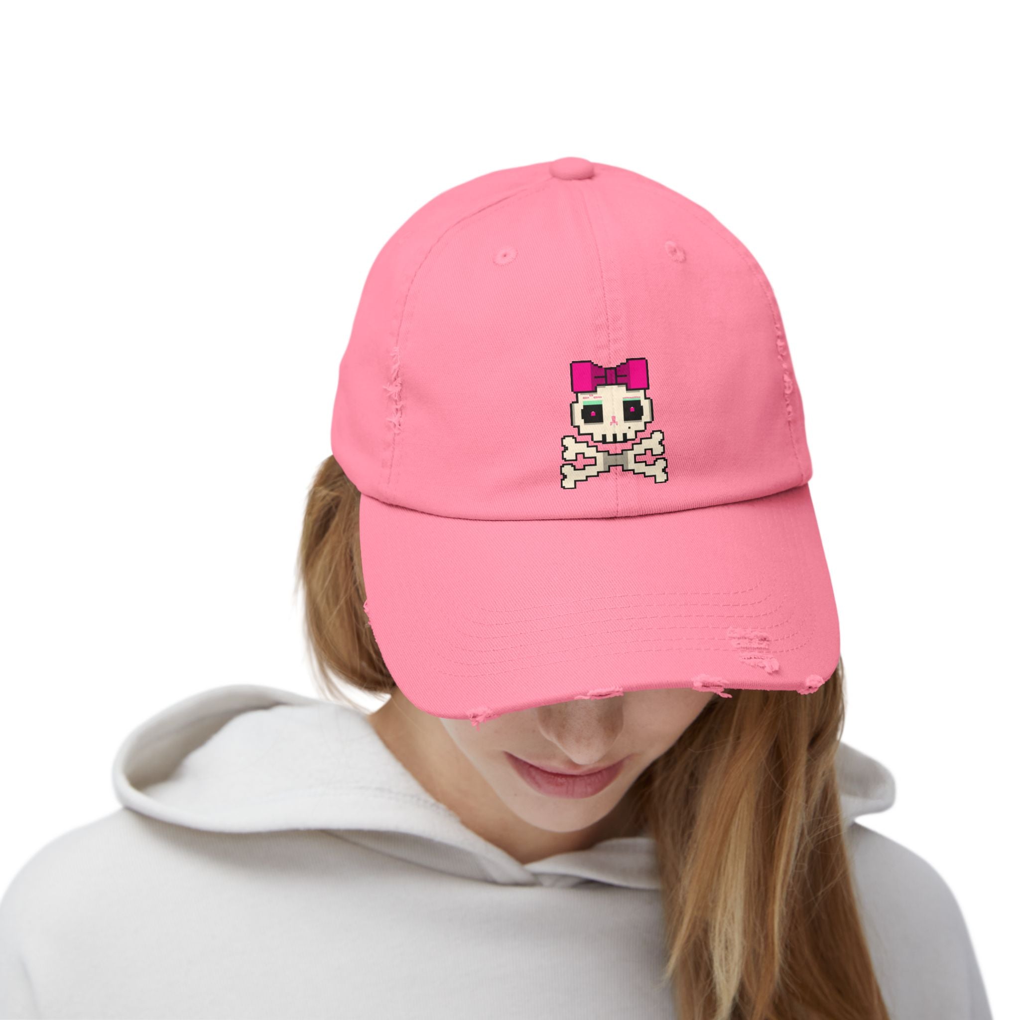 Distressed Skull & Crossbones Cap — Pixel Pink Bow Hat