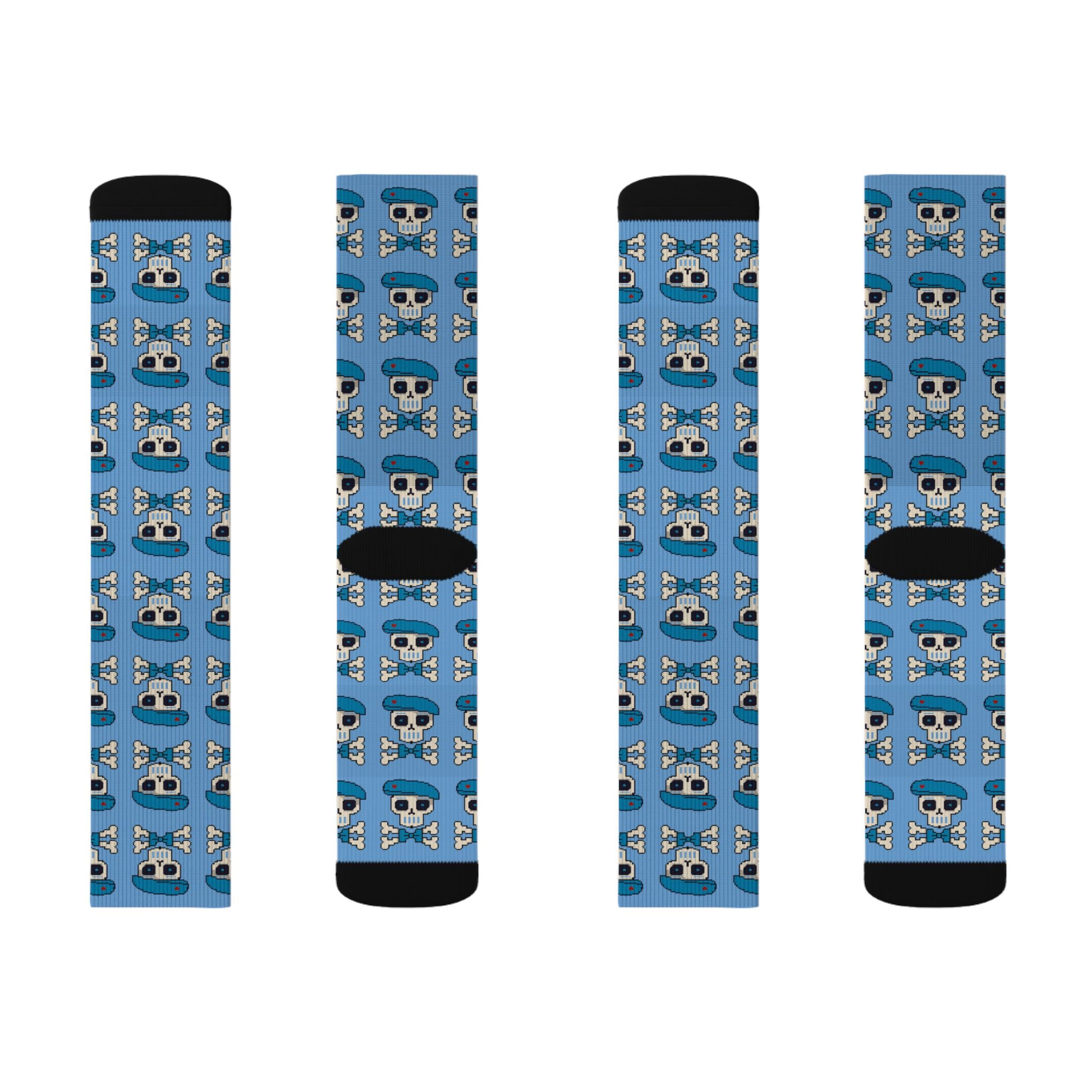 Blue Skull & Crossbones Sublimation Socks – Sockré Bleu St. Bartholemew! Pattern Crew Socks