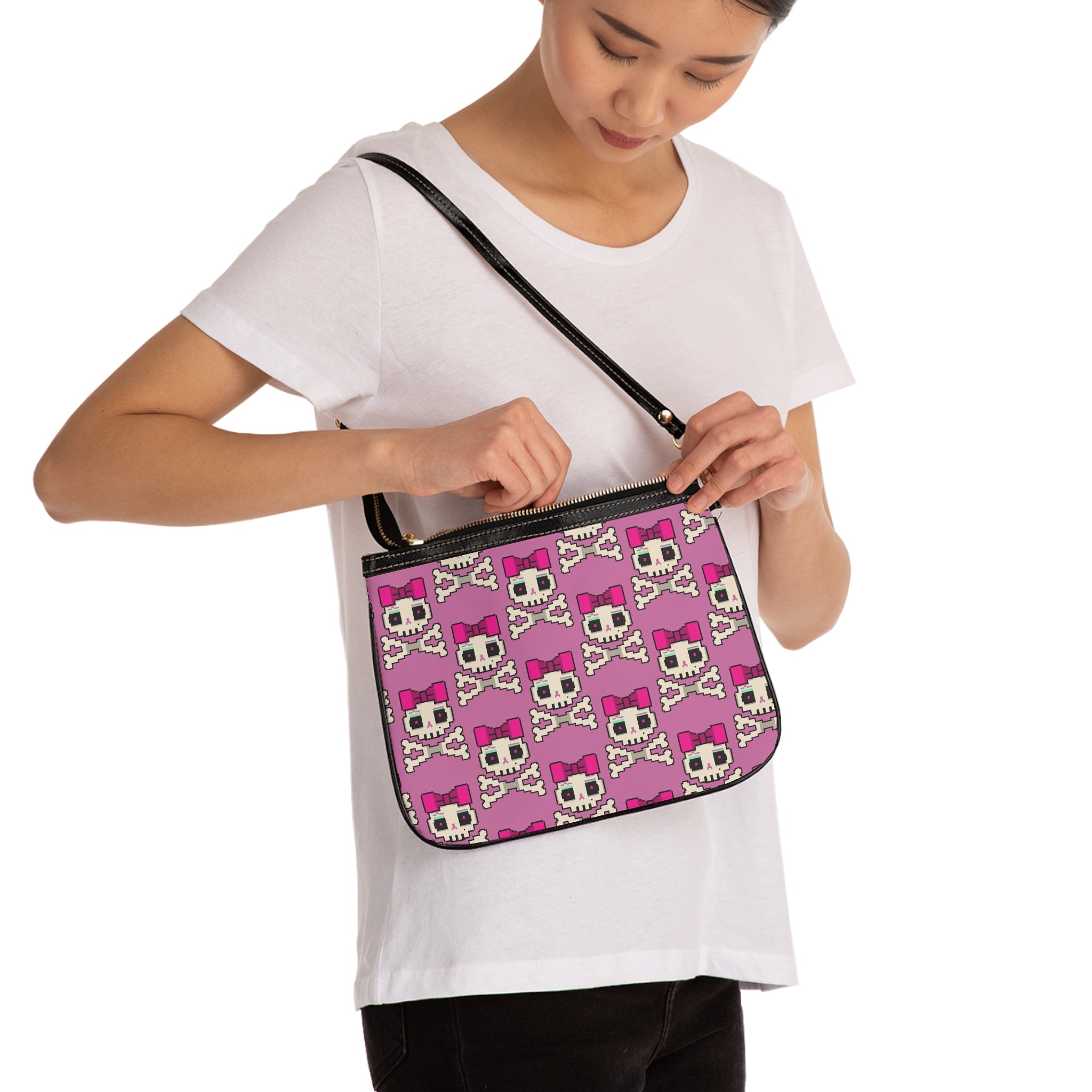 Pink Pixel Skull Crossbones Shoulder Bag — Cute Gothic Pixel Art Purse