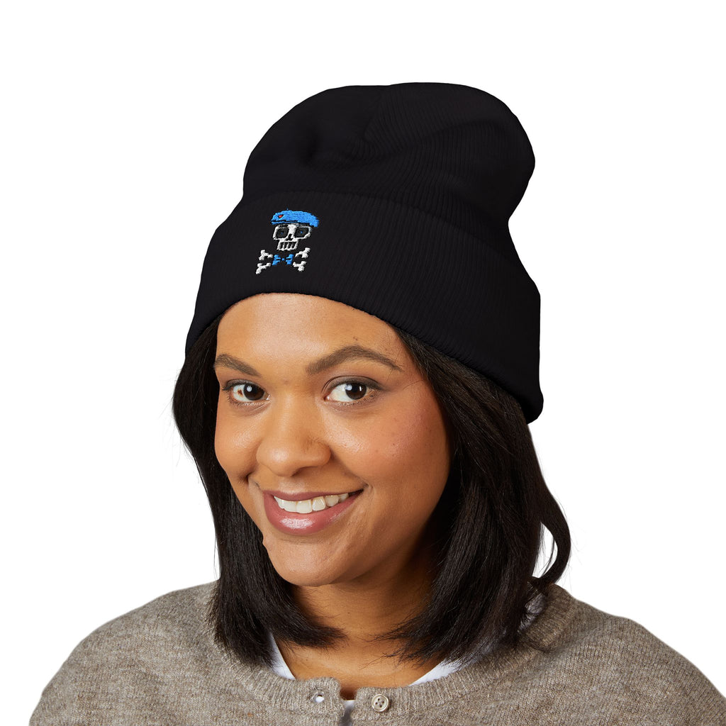 Embroidered Skull Cap Featuring Sockre Bleu Beau Cuffed Beanie