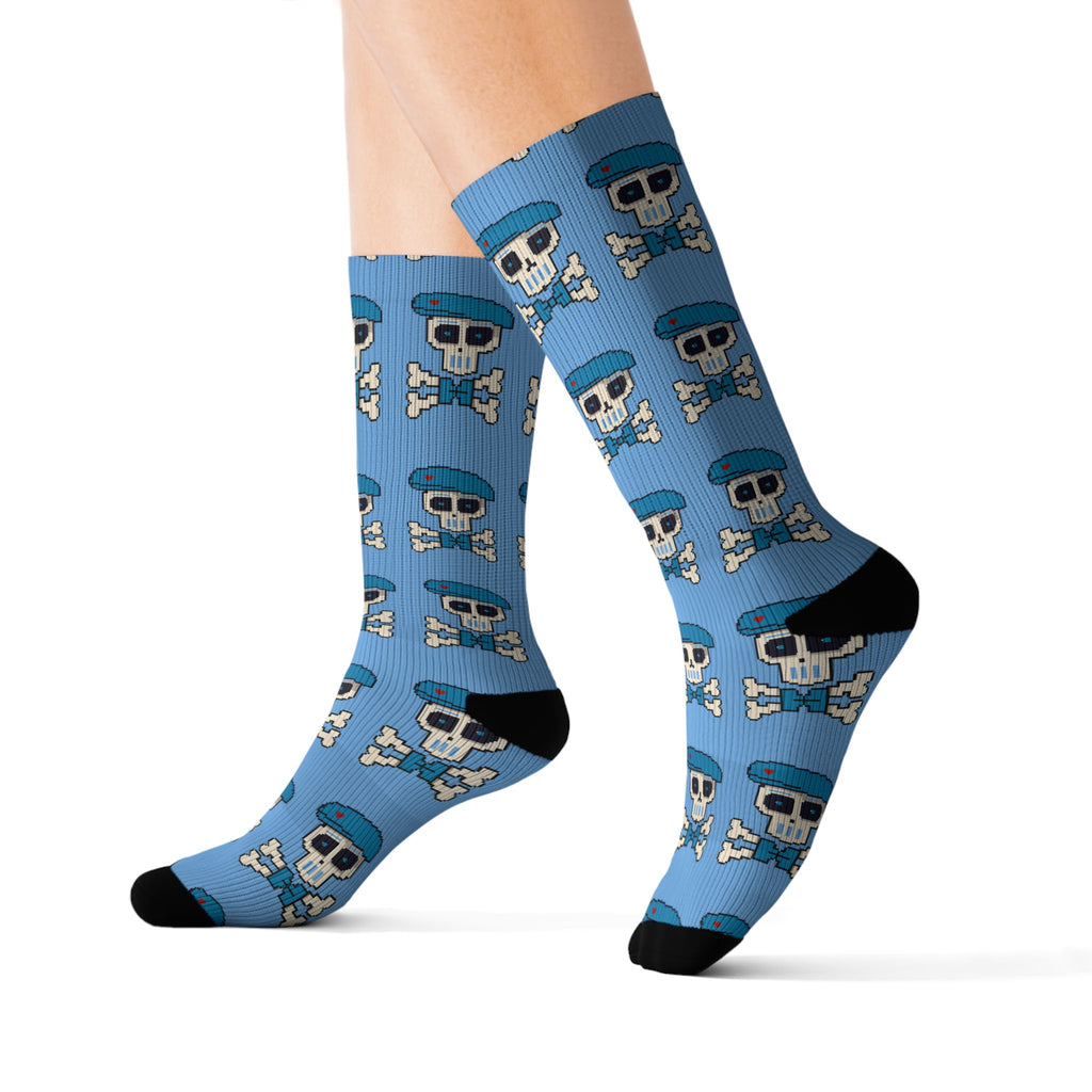 Blue Skull & Crossbones Sublimation Socks – Sockré Bleu St. Bartholemew! Pattern Crew Socks