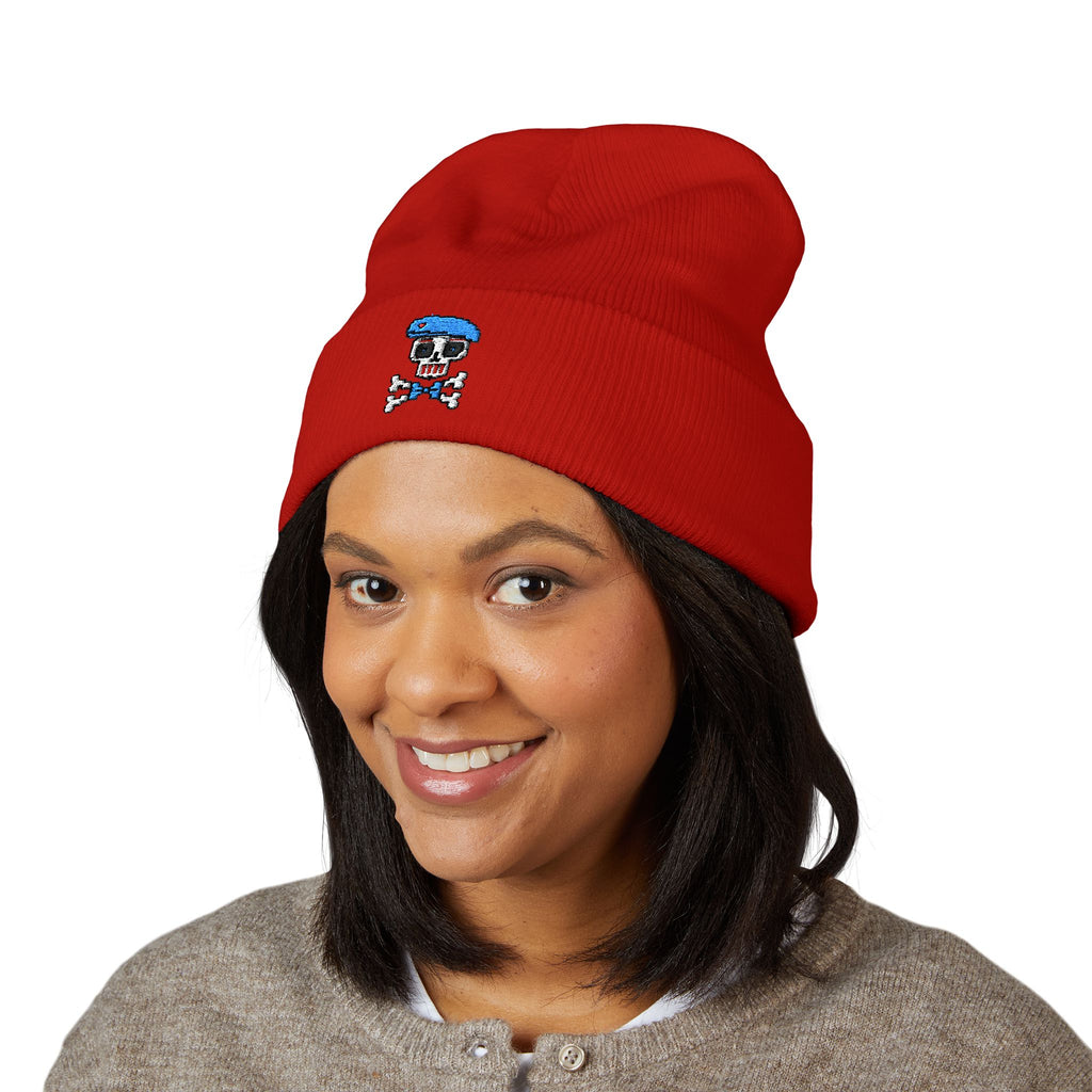 Embroidered Skull Cap Featuring Sockre Bleu Beau Cuffed Beanie