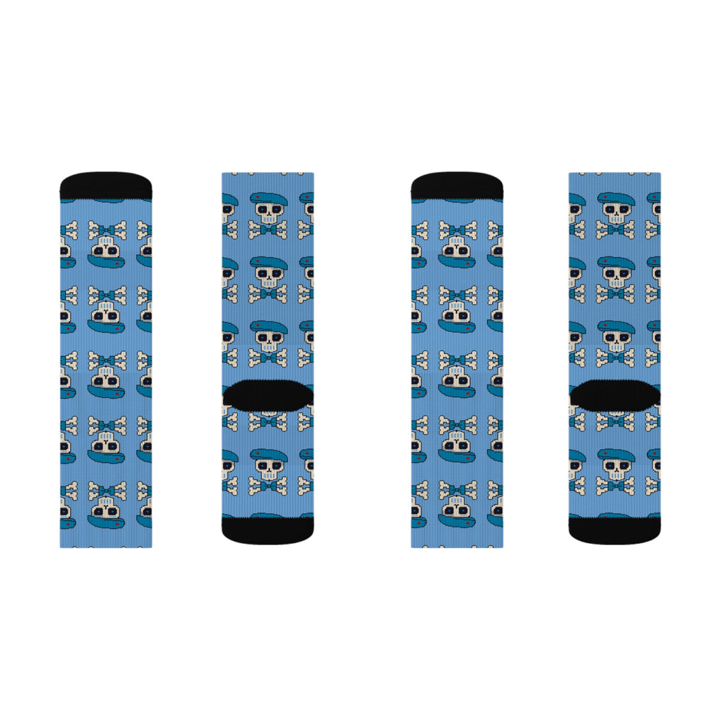 Blue Skull & Crossbones Sublimation Socks – Sockré Bleu St. Bartholemew! Pattern Crew Socks