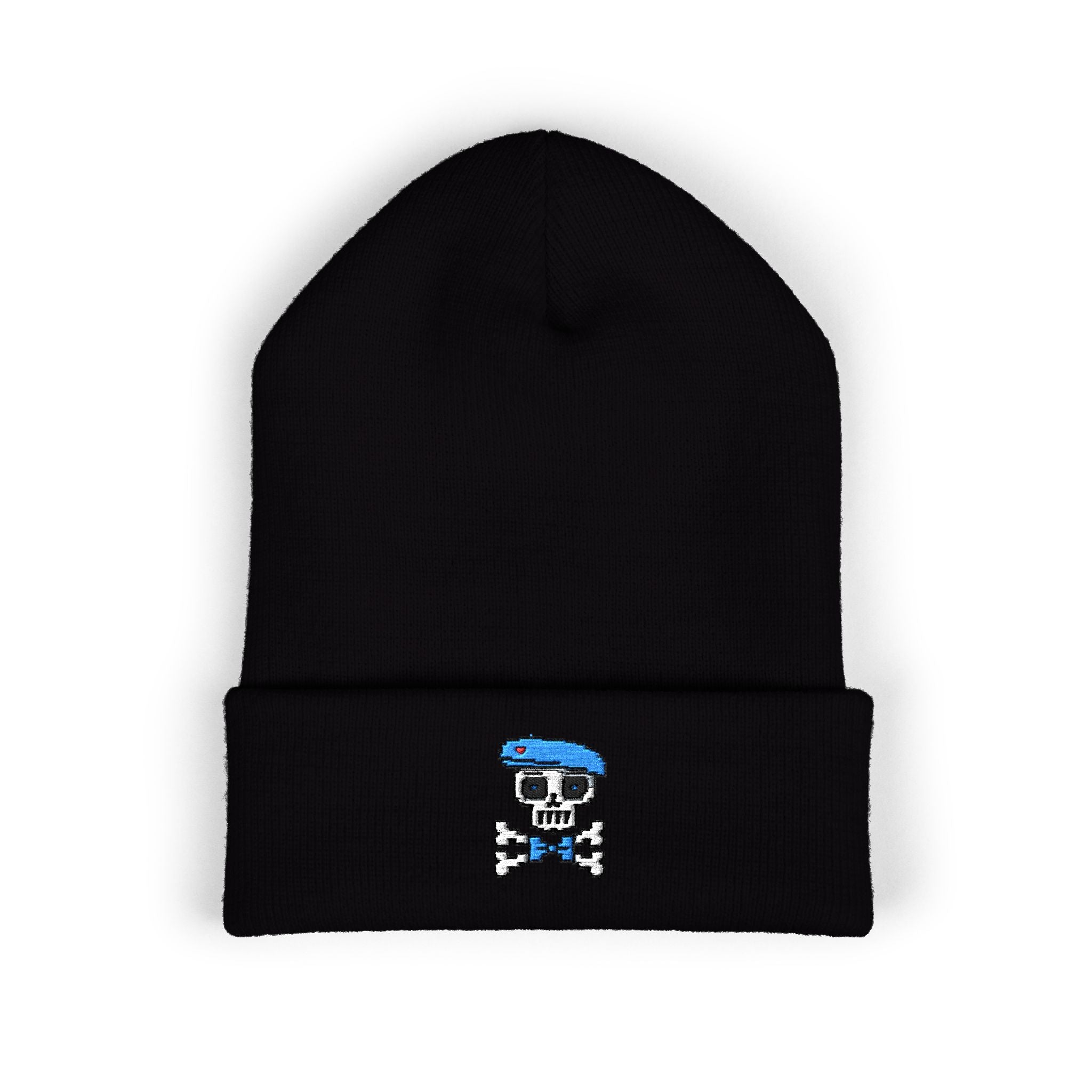 Embroidered Skull Cap Featuring Sockre Bleu Beau Cuffed Beanie