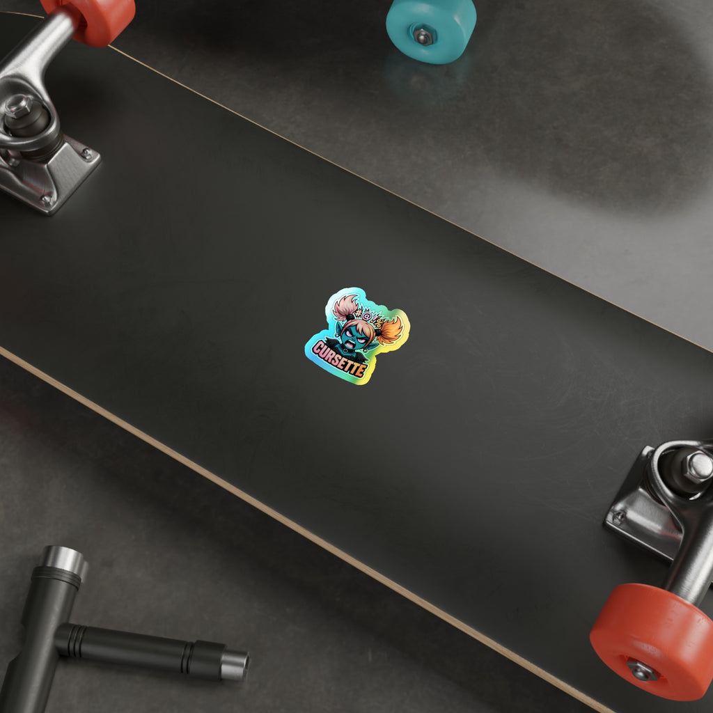 Holographic Cursette Die-Cut Sticker — Angry Punk Girl Skateboard Decal