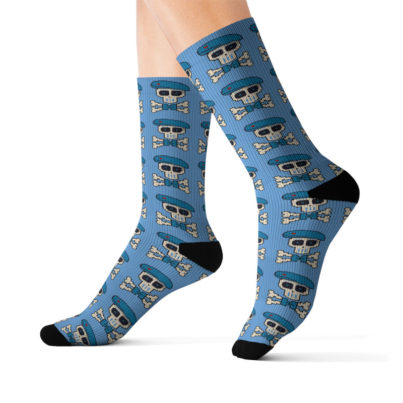 Blue Skull & Crossbones Sublimation Socks – Sockré Bleu St. Bartholemew! Pattern Crew Socks