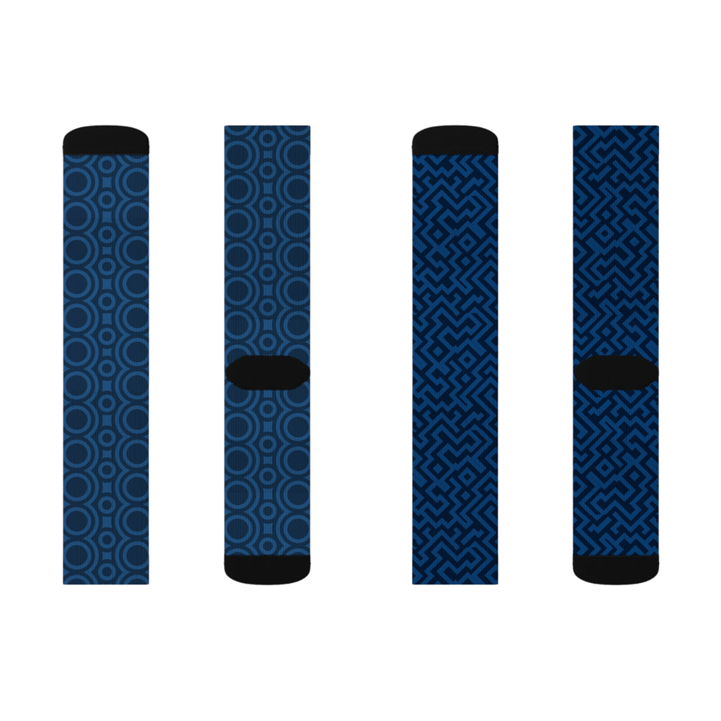 Signal:Lock Socken – Geometrische blaue Crew-Socken | Gemusterte Socken | Stilvolle sportliche Crew-Socken, trendiges Geschenk für ihn, modische Kleidung für sie, gemütliche Socken für alle Gelegenheiten