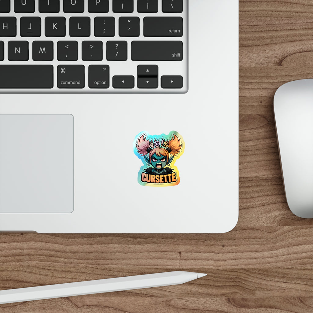 Holographic Cursette Die-Cut Sticker — Angry Punk Girl Skateboard Decal