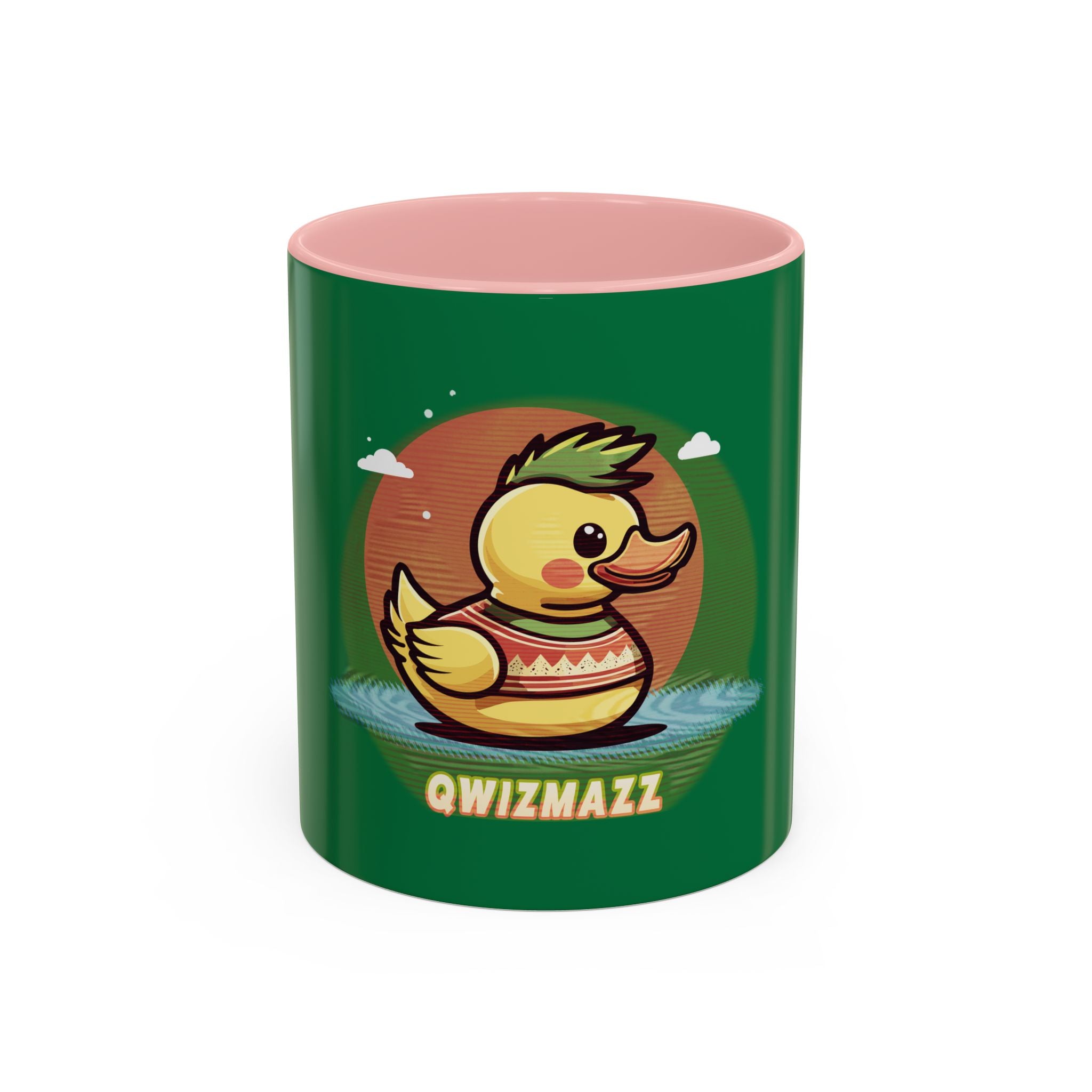 Quimbly the Duck Rubber Duck Coffee Mug - 'QWIZMAZZ' Accent Ceramic Mug (Green)