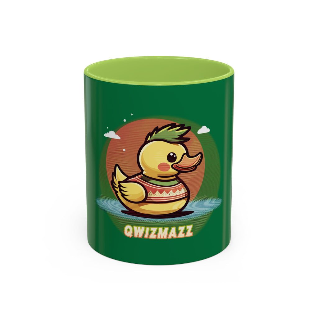 Quimbly the Duck Rubber Duck Coffee Mug - 'QWIZMAZZ' Accent Ceramic Mug (Green)