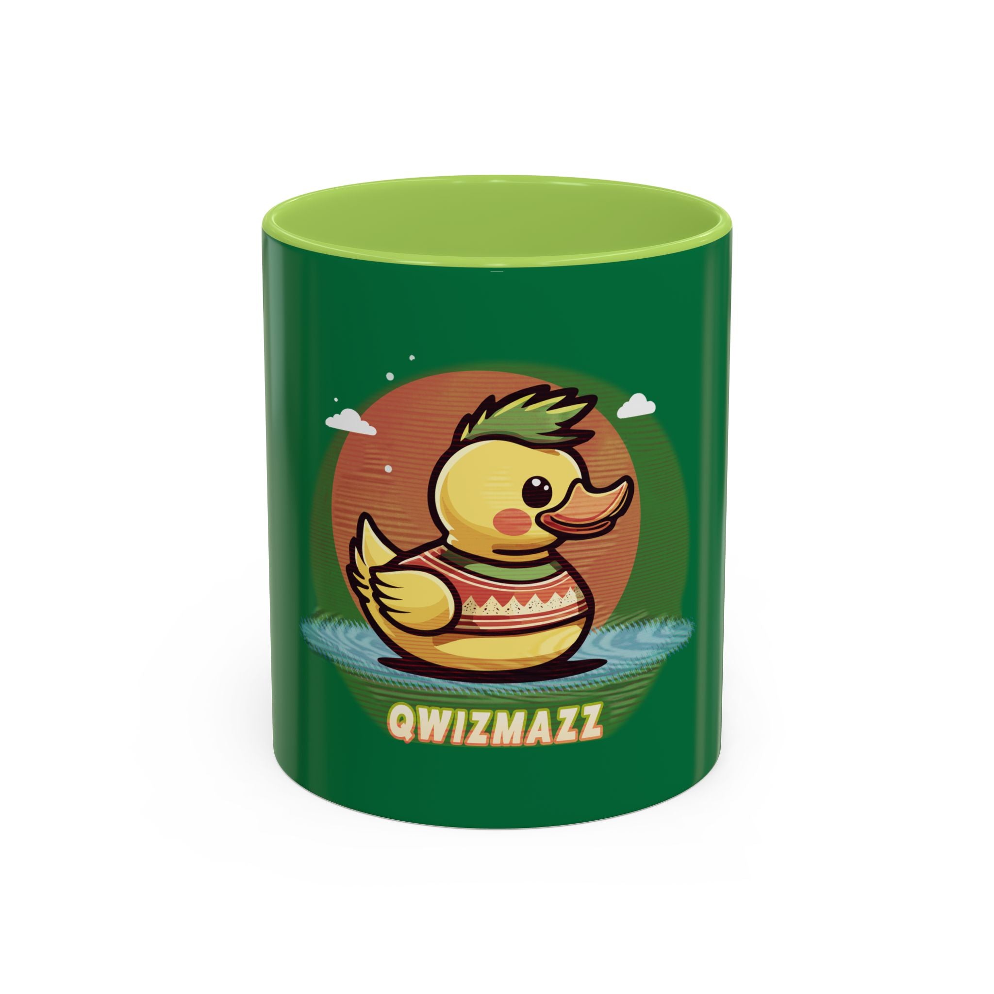 Quimbly the Duck Rubber Duck Coffee Mug - 'QWIZMAZZ' Accent Ceramic Mug (Green)