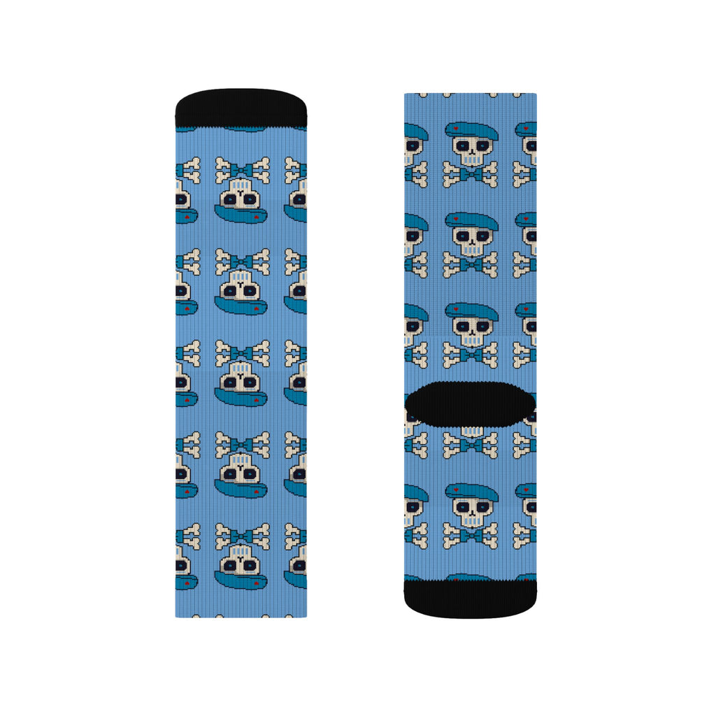 Blue Skull & Crossbones Sublimation Socks – Sockré Bleu St. Bartholemew! Pattern Crew Socks