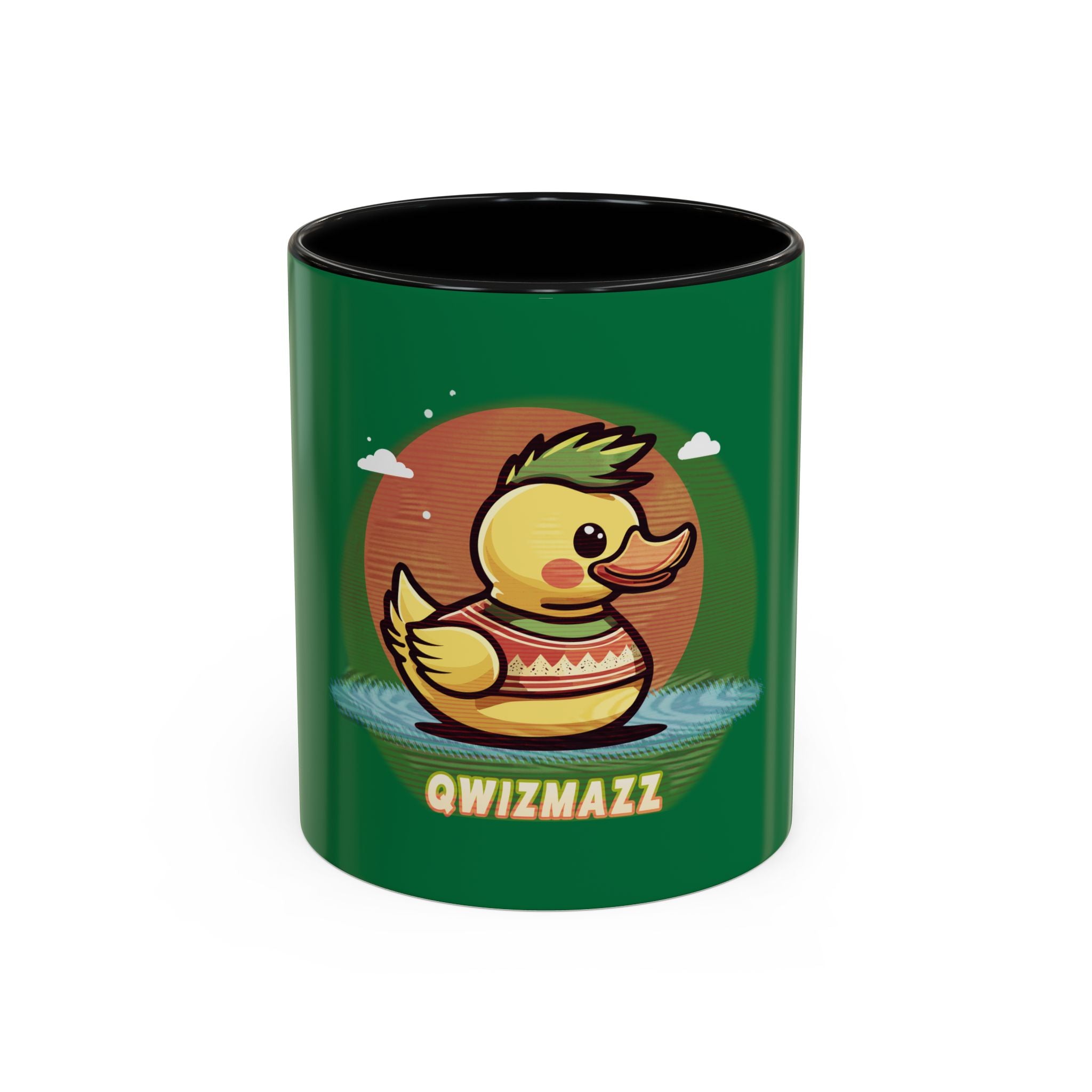 Quimbly the Duck Rubber Duck Coffee Mug - 'QWIZMAZZ' Accent Ceramic Mug (Green)