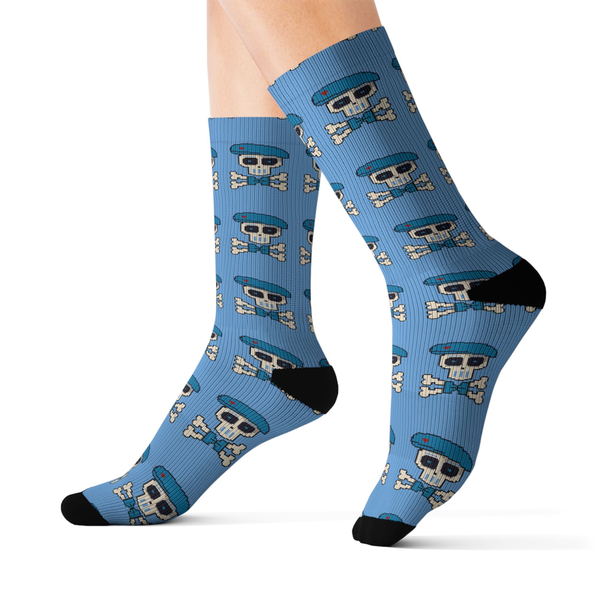 Blue Skull & Crossbones Sublimation Socks – Sockré Bleu St. Bartholemew! Pattern Crew Socks
