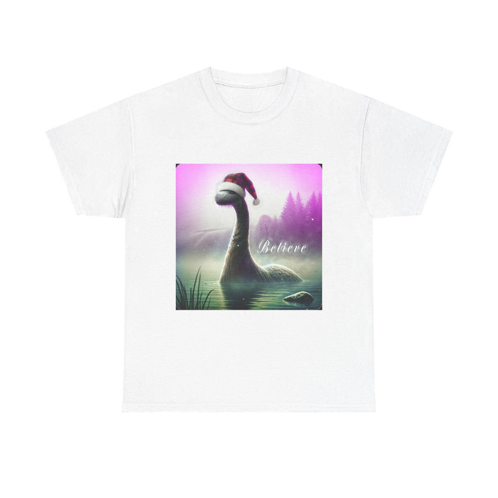 Christmas Loch Ness Monster Believe Tee, Holiday Cotton Tshirt, Santa Hat Design, Cryptid Lover Gift, Unisex Shirt, Mythical Creature Top