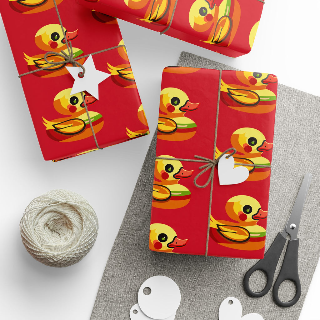 Duck Pattern Wrapping Paper Roll — Festive Red Cartoon Duck Gift Wrap for Birthdays & Holidays
