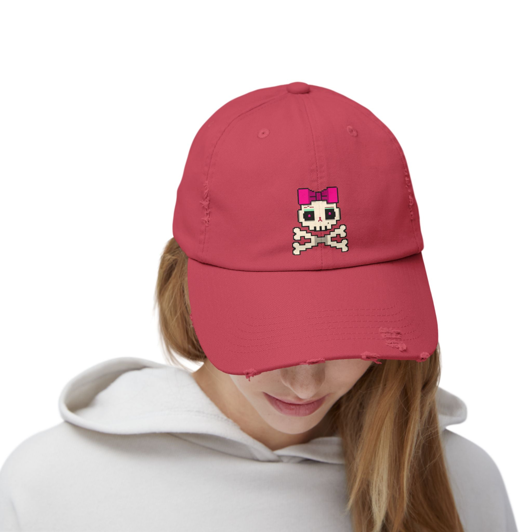 Distressed Skull & Crossbones Cap — Pixel Pink Bow Hat