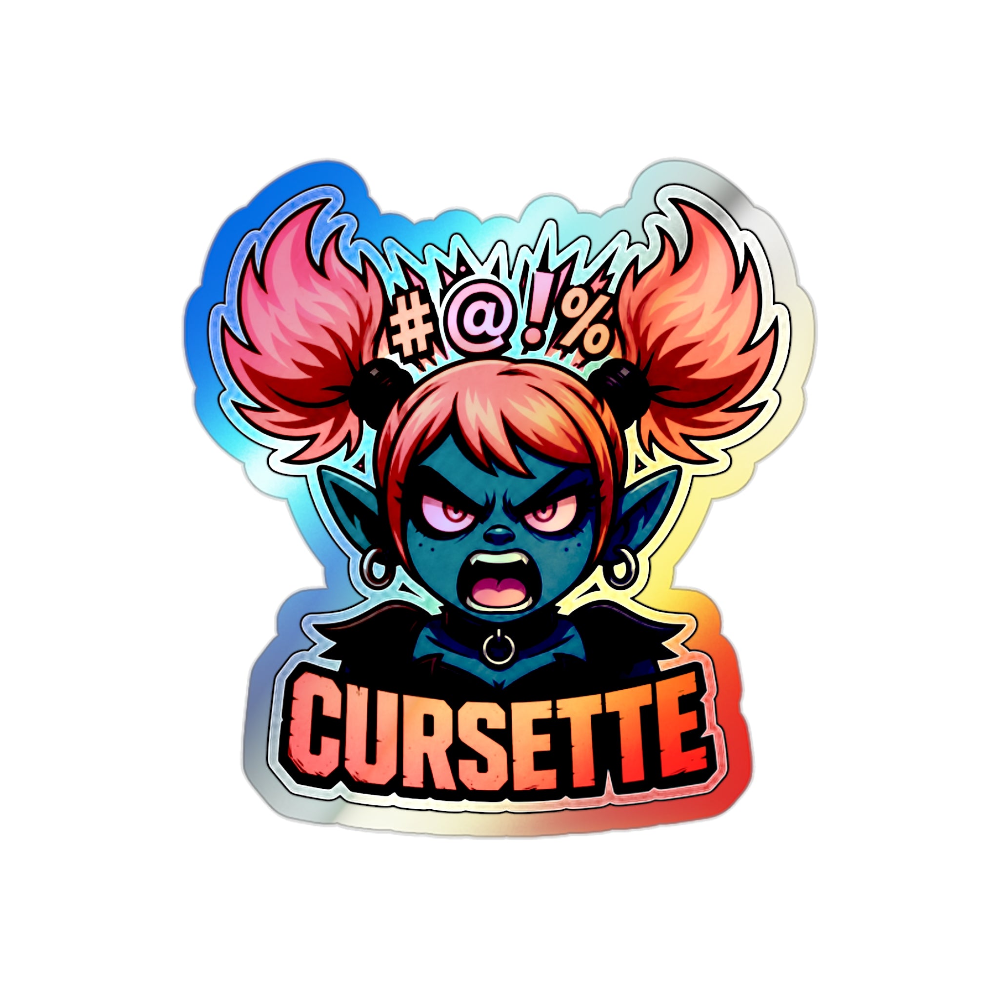 Holographic Cursette Die-Cut Sticker — Angry Punk Girl Skateboard Decal