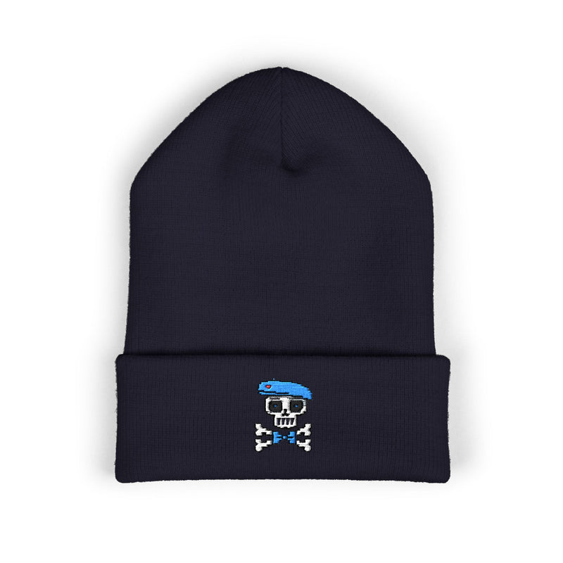 Embroidered Skull Cap Featuring Sockre Bleu Beau Cuffed Beanie