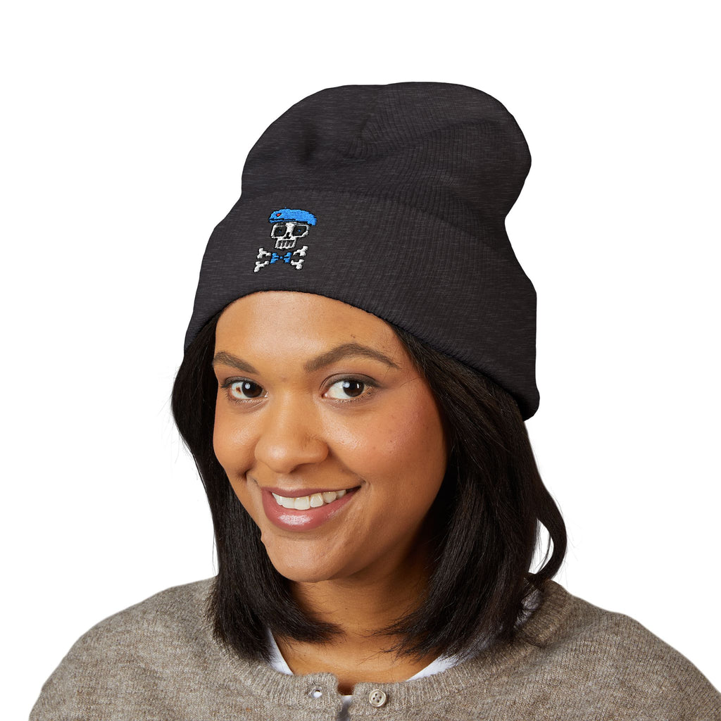 Embroidered Skull Cap Featuring Sockre Bleu Beau Cuffed Beanie