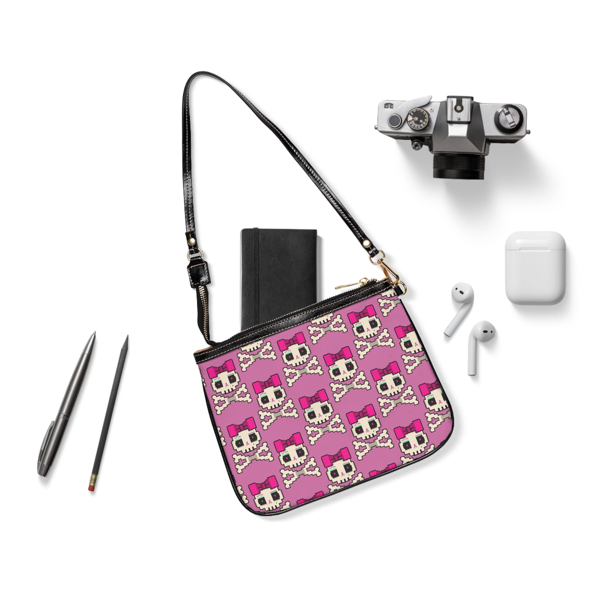 Pink Pixel Skull Crossbones Shoulder Bag — Cute Gothic Pixel Art Purse