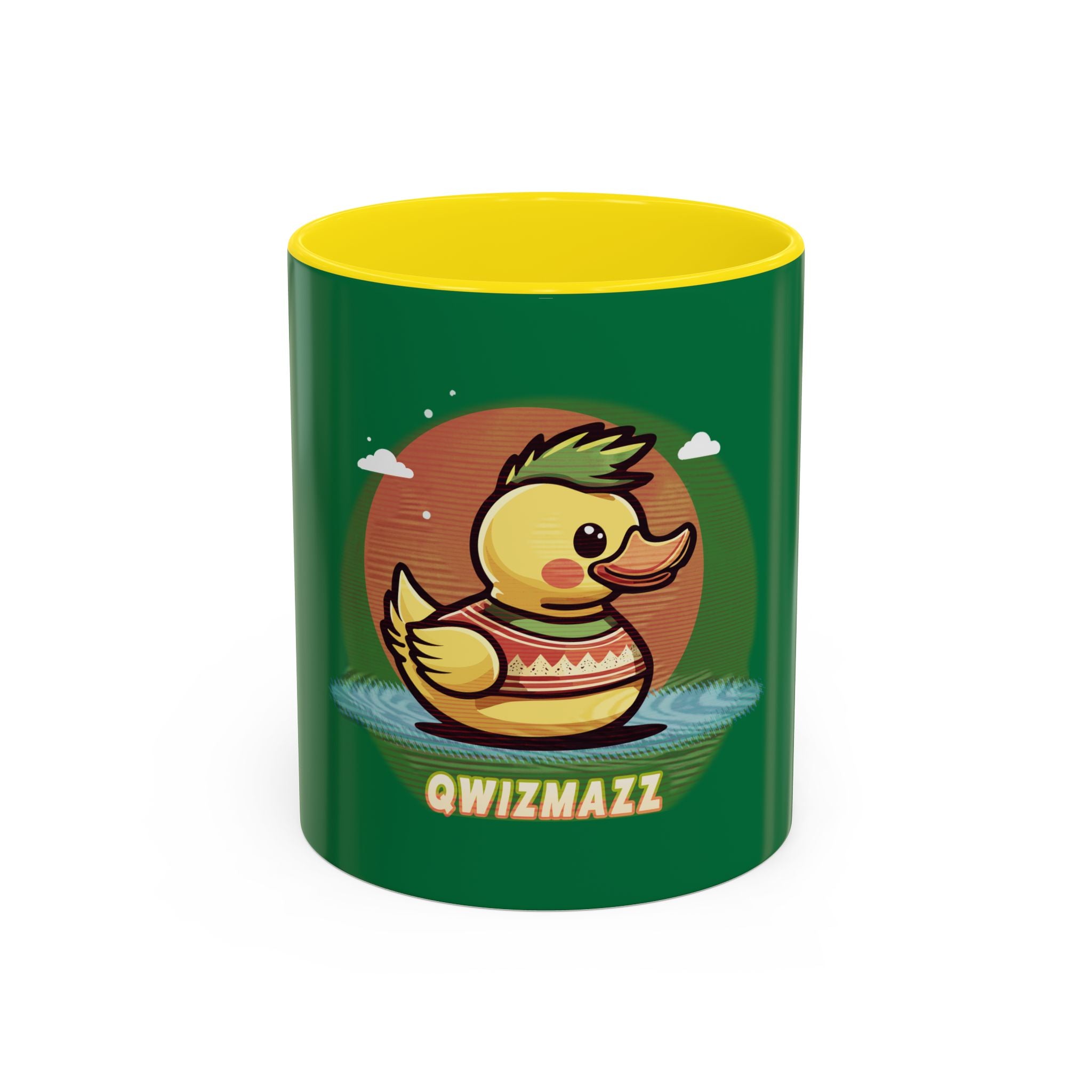 Quimbly the Duck Rubber Duck Coffee Mug - 'QWIZMAZZ' Accent Ceramic Mug (Green)