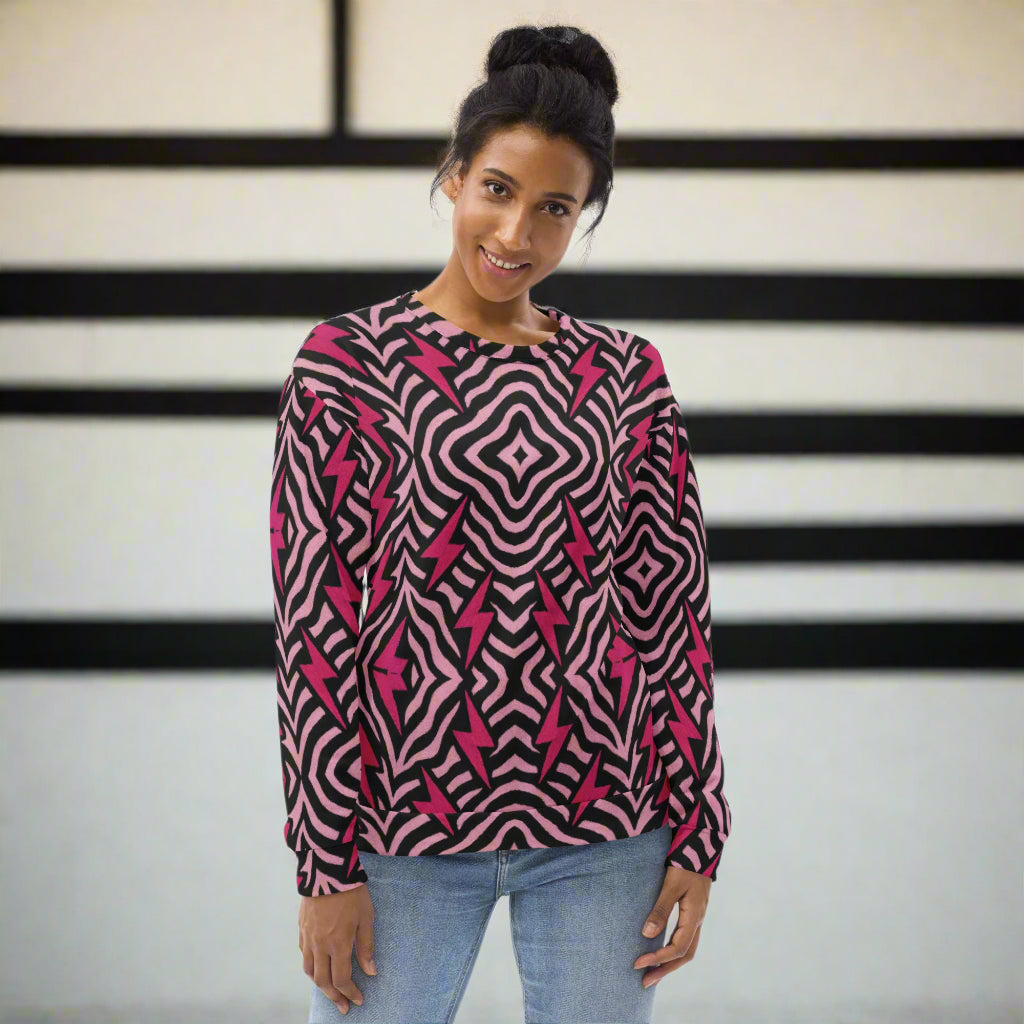 Woman in a zebra print with lightning bolts sweater
